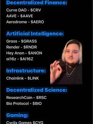 The cover image features a man on the right side, gesturing with his hand. On the left, a list is set against a dark background, listing crypto-related categories such as Decentralized Finance, Artificial Intelligence and others.