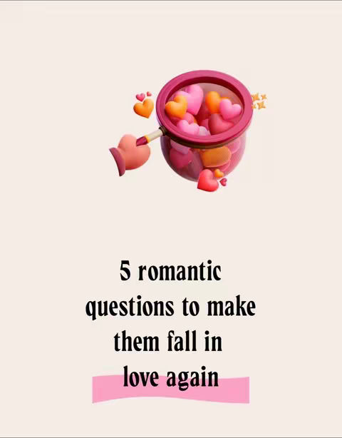 The image features a light beige background with a 3D illustration of a net holding hearts. The net is a deep red hue. Inside the net are hearts of different sizes and colors, including pink, orange, and red. The rest of the background is plain, with text overlaid in a clean, readable font. The text reads: '5 romantic questions to make them fall in love again', with the last line highlighted by a pink rectangle.