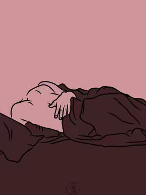 An artistic illustration shows a person, or part of a person, lying in bed, covered by a dark drape. The upper body and a hand are visible, with the skin tone being a light color against the darker sheets and a soft pink background.