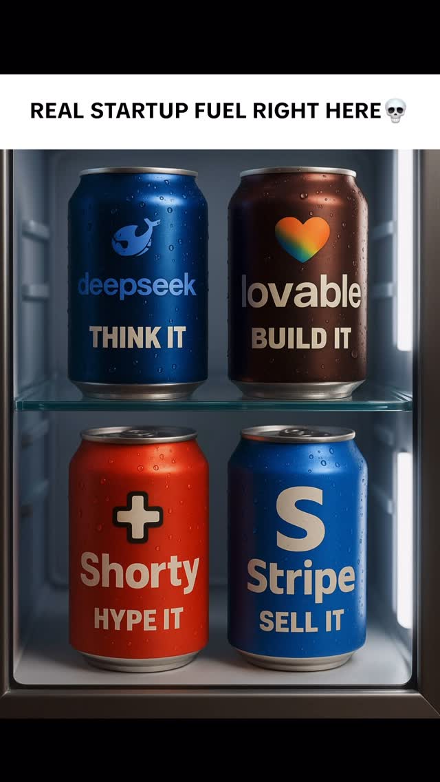 A refrigerator interior with two glass shelves, holding four beverage cans. The cans are different colors: blue, brown, red, and another blue. Each can has a different label and tagline. The photo has a glossy, commercial look with reflections.