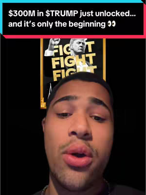 A selfie with a young man in the foreground looking at the camera, with the text overlayed on the top and a background with an image of Donald Trump with text over it. The man has dark hair and a goatee while wearing a dark shirt, with a black background.