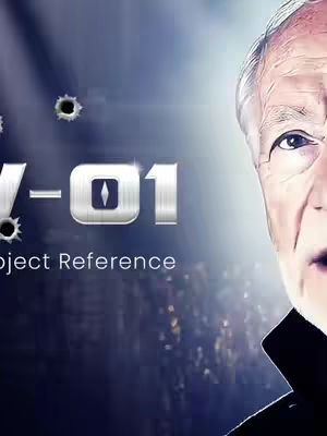 The image shows a close-up of an older man's face, with the right side of his face dominating the frame. He has short, gray hair and a serious expression. The background is a blurry gradient of blues and grays, with a bright light source emanating from the top, left side. In the left corner of the image, the text "V-01" is displayed in a metallic, 3D font, accompanied by the words "Project Reference." There are also what appear to be bullet holes near the text.