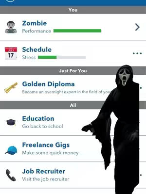 The cover image features a screenshot from the mobile game BitLife. The interface shows several options for gaming, including Zombie Performance, Schedule, Golden Diploma, Education, Freelance Gigs, and Job Recruiter. Overlayed on the right side, in a slightly transparent manner, is the figure of the Grim Reaper or a character in a Scream mask, with a long black robe adding a Halloween-themed element to the scene. The overall composition blends gaming content with a spooky theme, aligning with seasonal events.