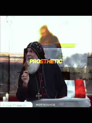 The image features a religious figure holding a cross, with the word 'PROSTHETIC' overlaid. Behind him, there's a blurred image of a possibly religious figure in a white garment against a bright sky. The composition includes candles and a red and white cloth, likely religious symbols.