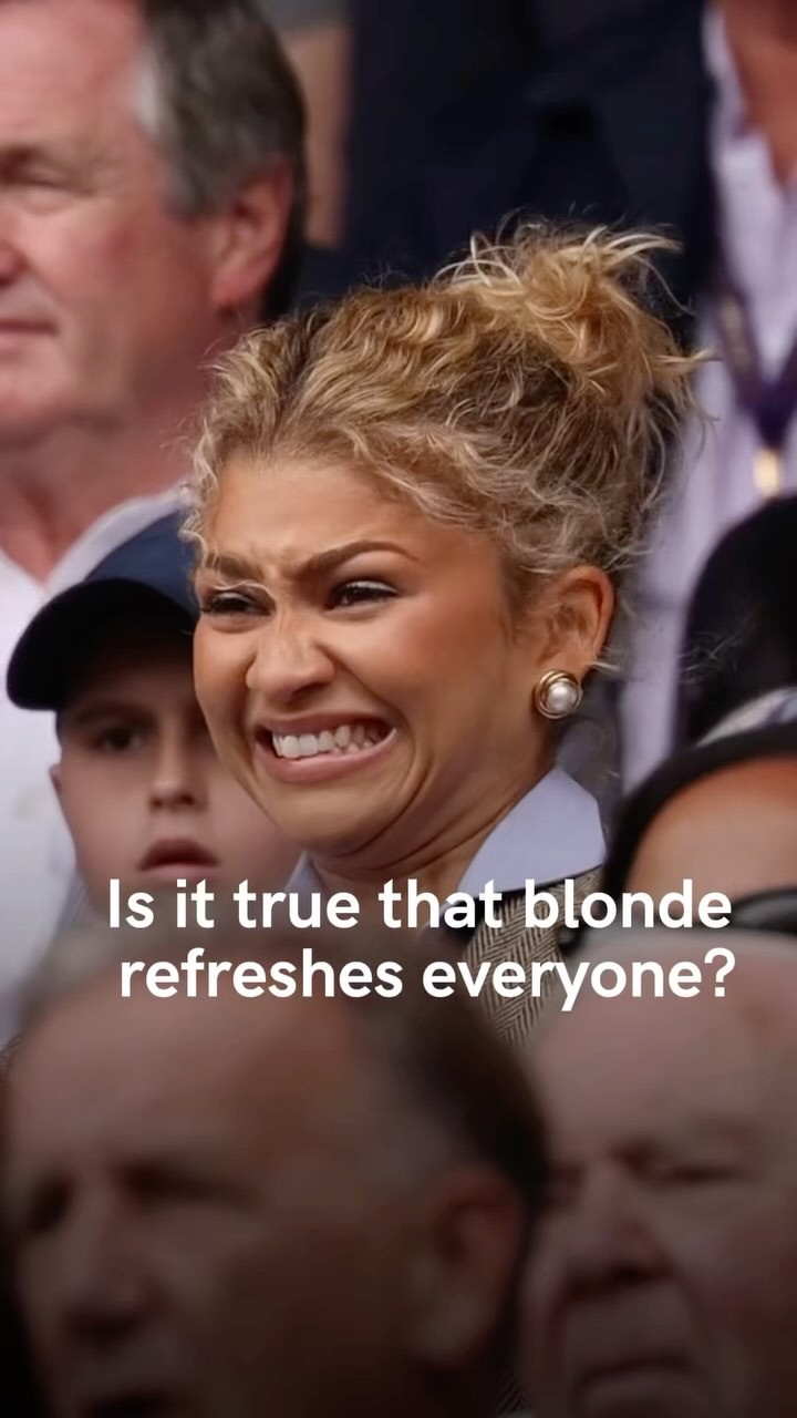 The cover image shows a woman with blonde, curly hair making a disgusted facial expression, with her mouth turned down and eyes squinted. The background includes blurred faces of people. The text overlay asks if blonde suits everyone.