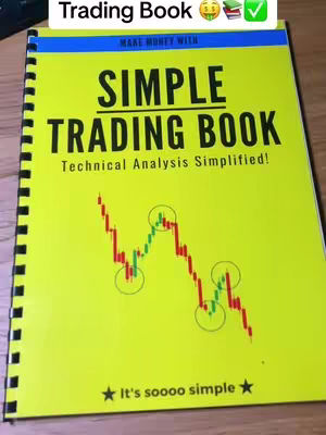 A close-up shot of an open book with a yellow cover. The book is titled 'SIMPLE TRADING BOOK' in large black letters. Below is the text 'Technical Analysis Simplified!' The image also contains a chart of a stock market with analysis markers.