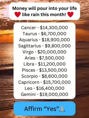An image featuring a sunset over the ocean with a white box in the center. Inside the box, phrases related to astrology are presented: zodiac signs and associated money amounts. At the bottom, a light blue button that says "Affirm Yes" appears.