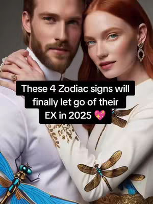 The cover image features a man and a woman intimately embracing. The man, on the left, has a dark beard and is wearing a white shirt. The woman is on the right with red hair and is wearing a white dress with dragonfly patterns. The text overlay is a black box with white text suggesting astrological predictions.