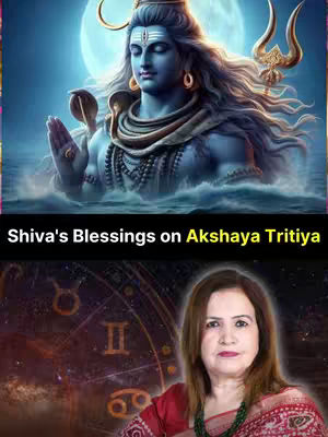The image is divided into two sections, with a digital illustration of Lord Shiva at the top. Shiva is depicted with a blue complexion, a third eye, and long, flowing hair, against a backdrop of a full moon and atmospheric effects. The bottom has a portrait of a woman with long brown hair, wearing a red and embroidered top with a necklace, positioned in a setting overlaid with astrological charts.