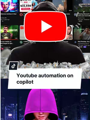 The image is a collage. The main element is a large YouTube logo over a person's head, partially obscuring them. Above this are several thumbnails of other YouTube videos, showing a variety of content. Below the YouTube logo, in front of a background of money, is a banner that says "Youtube automation on copilot." At the bottom of the picture, in front of a cityscape backdrop, is a person wearing a purple hoodie.