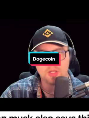A man with a Binance cap and a microphone is positioned close to the camera, while a text overlay says Dogecoin. The background is black, and the man appears to be speaking directly to the camera.