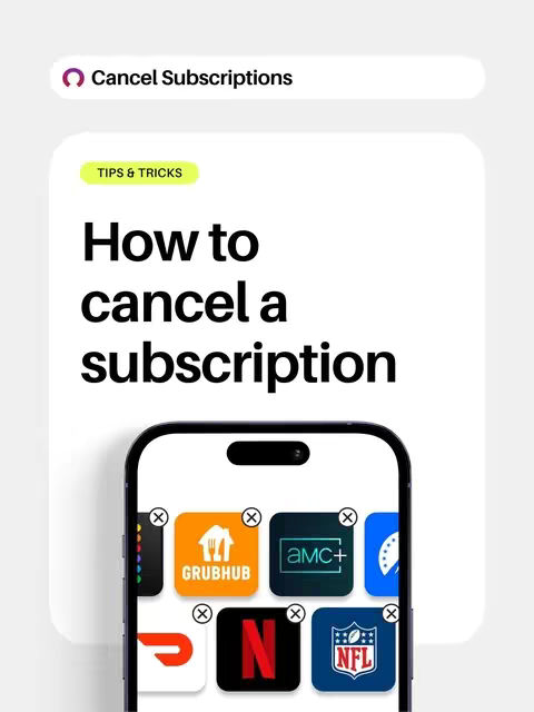 The image shows a phone displaying various app icons, with text providing a guide on how to cancel a subscription. It has a clean, modern design with a white background and colorful app icons.