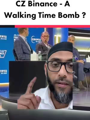 The cover image features a man in the foreground pointing his index finger upward. Behind him, there's a blurred scene of a conference with people seated at a table and text overlayed at the top, reading 'CZ Binance - A Walking Time Bomb ?'. The background has the 'Crypto Abu Dhabi' logo displayed.