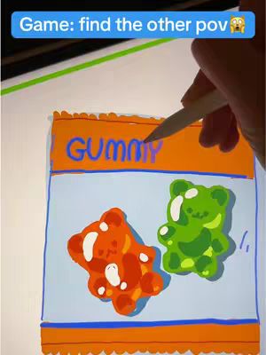 The cover image shows a close-up of a digital drawing in progress. It features the top portion of a bag labeled "GUMMY" in large blue letters. Below the text are two gummy bear illustrations: one orange and one green, both with minimal facial details. A hand holding a stylus is visible, appearing to be drawing on the bag.