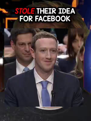 The image features Mark Zuckerberg in a dark suit and tie at what appears to be a congressional hearing. Above him, overlaid text reads "STOLE THEIR IDEA FOR FACEBOOK" in bold, white letters with a red highlight behind it. The background includes blurred individuals and a dark setting with a blue hue.