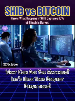The cover image shows a tech-focused scene with the words SHIB vs BITCOIN in a golden yellow font and the question of interest. Underneath, a person sits in front of two computer monitors.