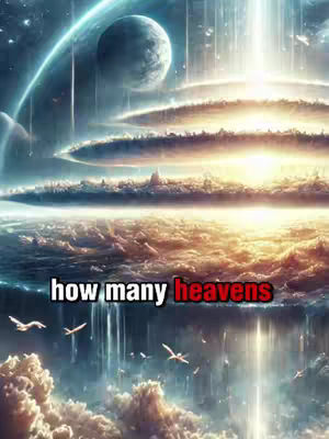An AI-generated image depicts a celestial scene with a planet and multiple cloud formations, from which light emanates. Text overlaid on the image asks, “how many heavens”.