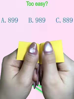 The cover image shows two hands holding a small, folded yellow paper. The hands have long, glossy pink nails. The background is a pale pink, with the text "Too easy?" in green at the top, and multiple-choice options below. 