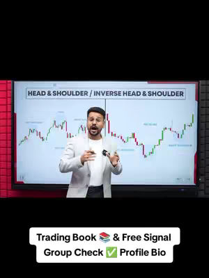 A man stands in front of a large screen displaying a chart with red and green lines, indicating stock movements. Text overlays at the top read, "HEAD & SHOULDER / INVERSE HEAD & SHOULDER." Below the screen, a white rectangle contains the text overlay, providing the hook. The man is wearing a white blazer and gesturing with his hands. The color palette is dominated by white, black, green, and red.