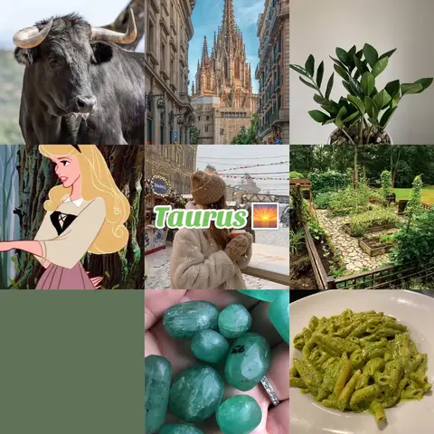 The image is a collage of nine images, presenting diverse visual elements. At the top left, a black bull with large horns, followed by a European city scene with a tall, ornate building. Next to it is a full shot of a green leaved plant. Below are images of a girl dressed as Aurora from sleeping beauty, a photo of a female with the word “Taurus” over a snowy background, with a sunset emoji, a shot of a garden, a close up of some green gems, and finally a dish of pasta with a green sauce.