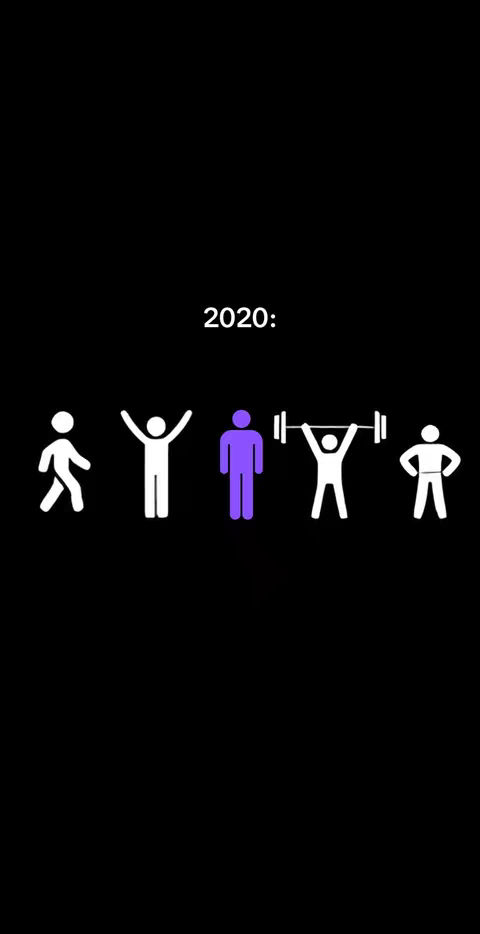 A black background with a white stick figure walking to the left. 2020 above, then a purple stick figure, then a stick figure lifting weights, then another stick figure.