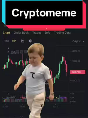 The image shows a meme featuring a young boy walking in front of a stock chart. The top has text in a red and black banner that says 'Cryptomeme'. The boy is wearing a white t-shirt and pants with a symbol on them. The background is a green and red stock chart.