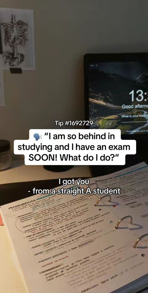 The cover image is a vertical shot of a desk setup with a notebook open to handwritten notes, a laptop displaying a clock, and a drawing of a skeleton taped to the wall. The foreground features the open notebook with handwritten notes in black ink, including circled and underlined text. The background includes a laptop screen showing the time "13:", a white wall where the skeleton drawing is attached. In the middle is text saying "I am so behind in studying and I have an exam SOON! What do I do?"