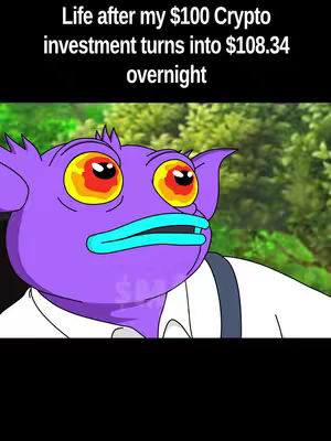 The cover image features a purple cartoon alien with large yellow-rimmed eyes and a blue mouth, looking surprised. Text overlay states the story of $100 crypto investment that turns into $108.34 overnight. The background is softly blurred green vegetation, contrasting with the black backdrop.