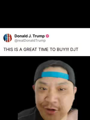 The cover image displays a split-screen presentation. The top part showcases a screenshot of a Donald J. Trump tweet, with his profile picture and a text that reads: 'THIS IS A GREAT TIME TO BUY!!! DJT'. The lower half features a man in a black cap with a blue stripe, looking at the camera. He has a neutral expression and is positioned against a stark black background.