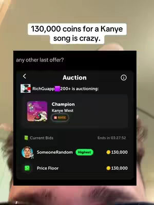 The cover image shows a screen recording displaying an auction interface on a dark background. In the upper left corner is a banner that reads "130,000 coins for a Kanye song is crazy." Below this, the interface shows an image of the Kanye West song 'Champion', with auction information visible. The overall layout is framed by the blurred face of the creator, who is partially visible in the foreground, suggesting a selfie-style video.