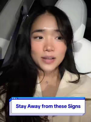 A young woman with dark hair and a neutral expression sitting inside a car. Overlayed text is set against a stylized blue and white background.