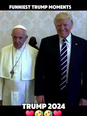 The cover image shows a split screen of two men. On the left, a man in a white mitre and robes is seen. On the right, a man in a suit and tie is smirking, with a plain wall in the background. The words "Funniest Trump Moments" are at the top, and "Trump 2024" is at the bottom.