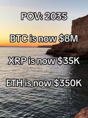 A scenic sunset over calm ocean waters, with a rocky cliff on the right side. Text overlays display financial predictions for cryptocurrencies.