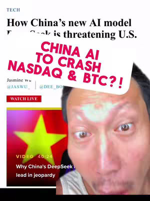 An image featuring a man with a surprised expression, overlaid on a news article and a Chinese flag. The man is the main figure in the foreground, his face filling the frame with his eyes wide open. The overlay includes the text "CHINA AI TO CRASH NASDAQ & BTC?!" in bold lettering. The background displays part of a webpage, with the headline related to AI and China, and the lower left corner reveals a flag. The composition is a blend of digital and real-world elements, utilizing a color palette of reds, whites, and beige.