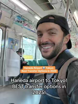 A man smiles into the camera on a train. Text overlays give information about the airports and means of transportation.