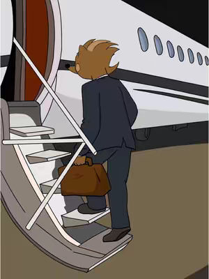 An illustration shows a brown-furred cartoon character wearing a suit and carrying a briefcase, entering a private jet. The character's back is to the viewer.
