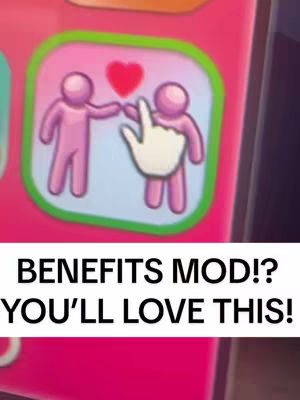 The cover image shows a screenshot or a graphic with an app icon at the top, displaying an image of two pixelated pink stick figures holding hands and touching a red heart, and on the left, a large hand making the same gesture. Below it, prominently, the text overlay reads: "BENEFITS MOD!? YOU'LL LOVE THIS!"