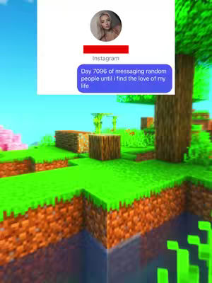 A Minecraft-themed image, with a cartoonish, low-resolution environment. The foreground is composed of green, pixelated grass and brown, pixelated earth. In the background, there's a blue sky. Overlaid are text bubbles that appear to be an Instagram direct message.