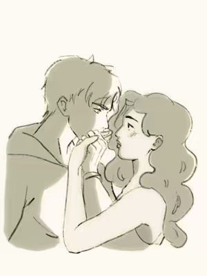 An illustration featuring a man and a woman in a romantic pose. The man, seen from the chest up, is leaning towards the woman, gently holding her hand as if about to kiss it. The woman looks at him adoringly. The art style is simple, with lines in varying shades of grey and white. The background is plain.