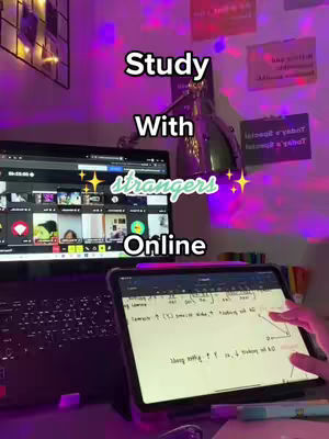 The cover image displays a well-lit study setup. A laptop shows a video call with several people, suggesting a study session. Beside it, a tablet displays handwritten notes with a hand pointing at the screen. The background has soft, colorful lights. The overall composition is aimed at showcasing a study environment designed for online collaboration.