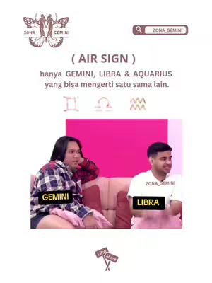 The cover image features a split composition with text and two individuals. Above, there's a logo with butterfly-like figures and the text 'ZONA GEMINI', with a search bar next to it. Below, there's the text '(AIR SIGN)' and further details about the Gemini, Libra, and Aquarius zodiac signs. The bottom portion displays two people on a couch. One on the left labeled 'GEMINI' and another on the right labeled 'LIBRA'. The background is a vibrant pink.