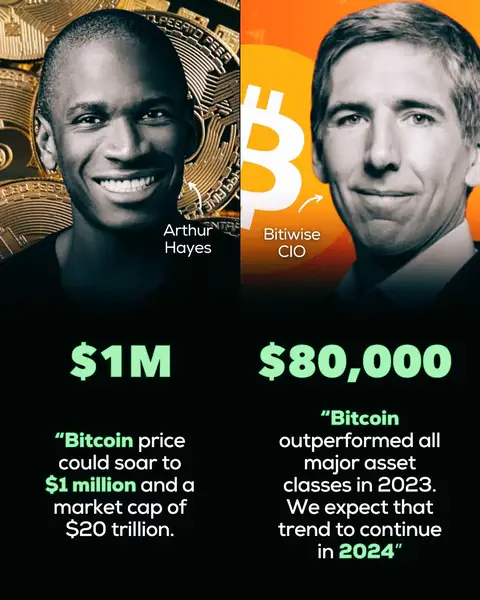 A graphic split vertically, featuring two men's faces. The left side has a man with a dark complexion smiling, set against a background of golden coins. The right side features a man with graying hair. Below them are figures and quotes. The text is set against a dark background and the overall design has a bright, professional feel.