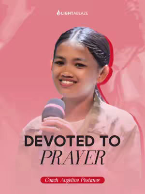The cover image features a woman smiling while holding a microphone, with text overlayed to convey a message about prayer and devotion. A pink gradient background transitions into a lighter tone, enhancing the central figure. Text highlights the theme of 'Devoted to Prayer', complemented by the speaker's name. The composition is a close-up framing the woman's face and upper body, with the background colors and text creating a harmonious and inviting visual.