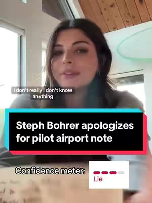 A woman is centered in the frame, with a neutral expression as she speaks. Overlaid text communicates the video's title and purpose. The background is a domestic interior. A 'confidence meter' graphic with red blocks suggesting deception is in the lower right.