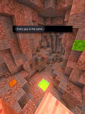 An image from the game Minecraft with a message overlay. The scene may be of a deep canyon cut into the earth, with cuboid rock formations. The color palette is mostly browns and reds, with various light blocks of green and orange scattered throughout the scene. A black chat bubble contains white text that says, 'Every guy is the same.'