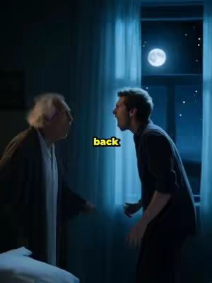 A dynamic interior shot shows a man in darkness interacting with an older man. The older man in a dressing gown faces his younger counterpart, whose face is contorted in a gesture of communication/exasperation. A large window reveals a night scene with a moon and stars, casting an ethereal glow. Text overlayed reads "back".