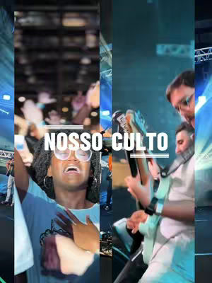 The image is vertically divided into sections, showing a collage-style view of a church event. In the left section, a woman with glasses and dark curly hair is visible, with her mouth open and her hand on her chest. The text 'NOSSO CULTO' in white is overlaid at the center of the image. Other sections appear to show the congregation.