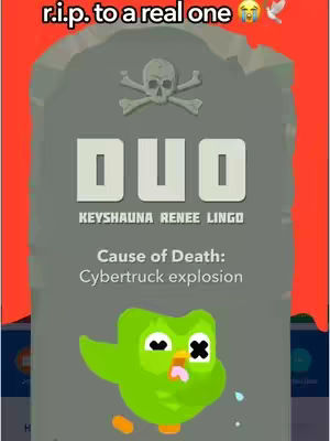 The cover image is a mock tombstone design with a skull and crossbones at the top. The tombstone is gray, and the text reads “DUO” with “KEYSHAUNA RENEE LINGO” below it, and the cause of death is “Cybertruck explosion. A crying Duolingo owl is at the bottom.
