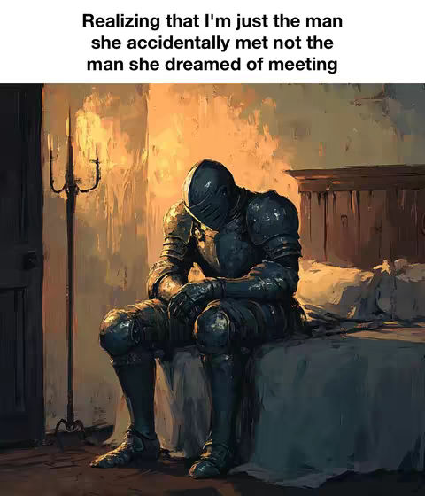 An AI-generated image of a knight in full armor sitting despondently on a bed. The knight's helmet is downcast, indicating sadness, and the overall lighting is dim and melancholic.