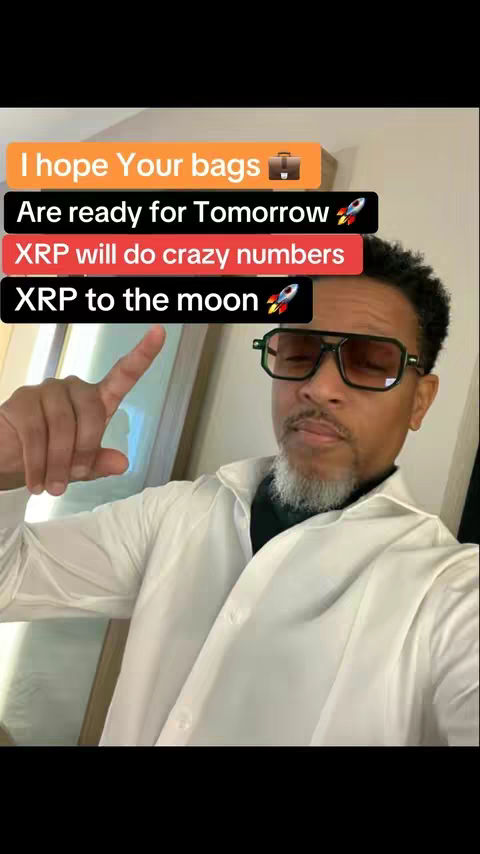 A man in a white shirt points upwards with text overlays on the image. The text overlays are in colored boxes with texts about XRP.